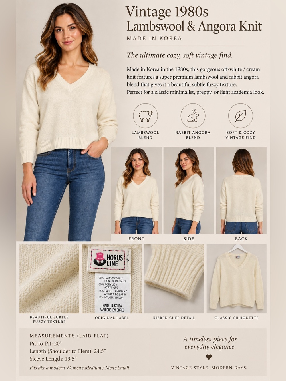 Vintage 80s Chorus Line Cream Angora Lambswool V-Neck Knit Sweater M